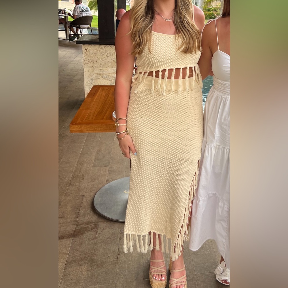 Beige Crochet Fringe Knit Midi Skirt - Women